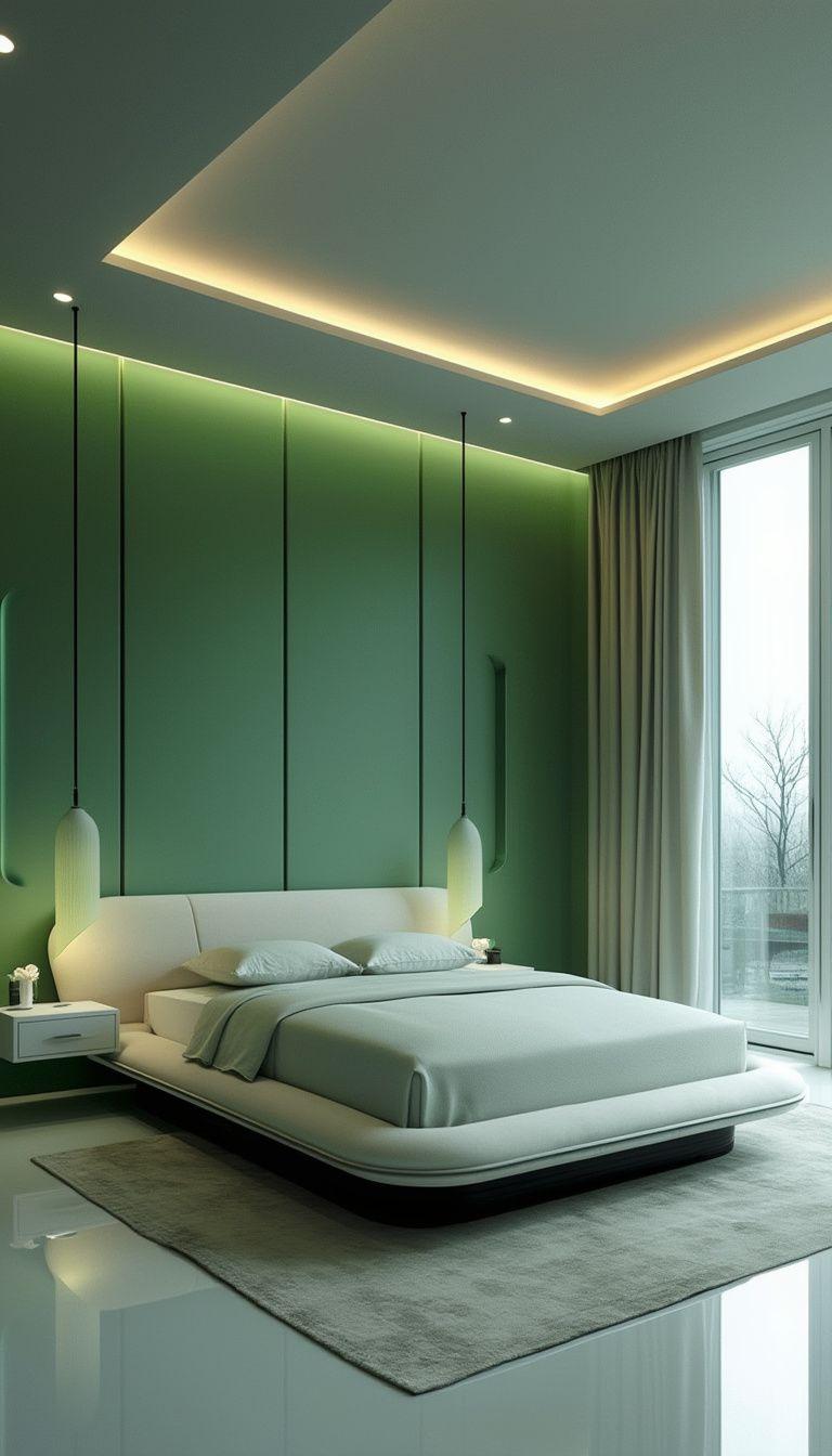 25 Trendy Sage Green Schlafzimmer Ideen für 2025 43 13. Futuristischer Loft mit weisen grünem Akzentwänden und schlankem, minimalistischem Design-1