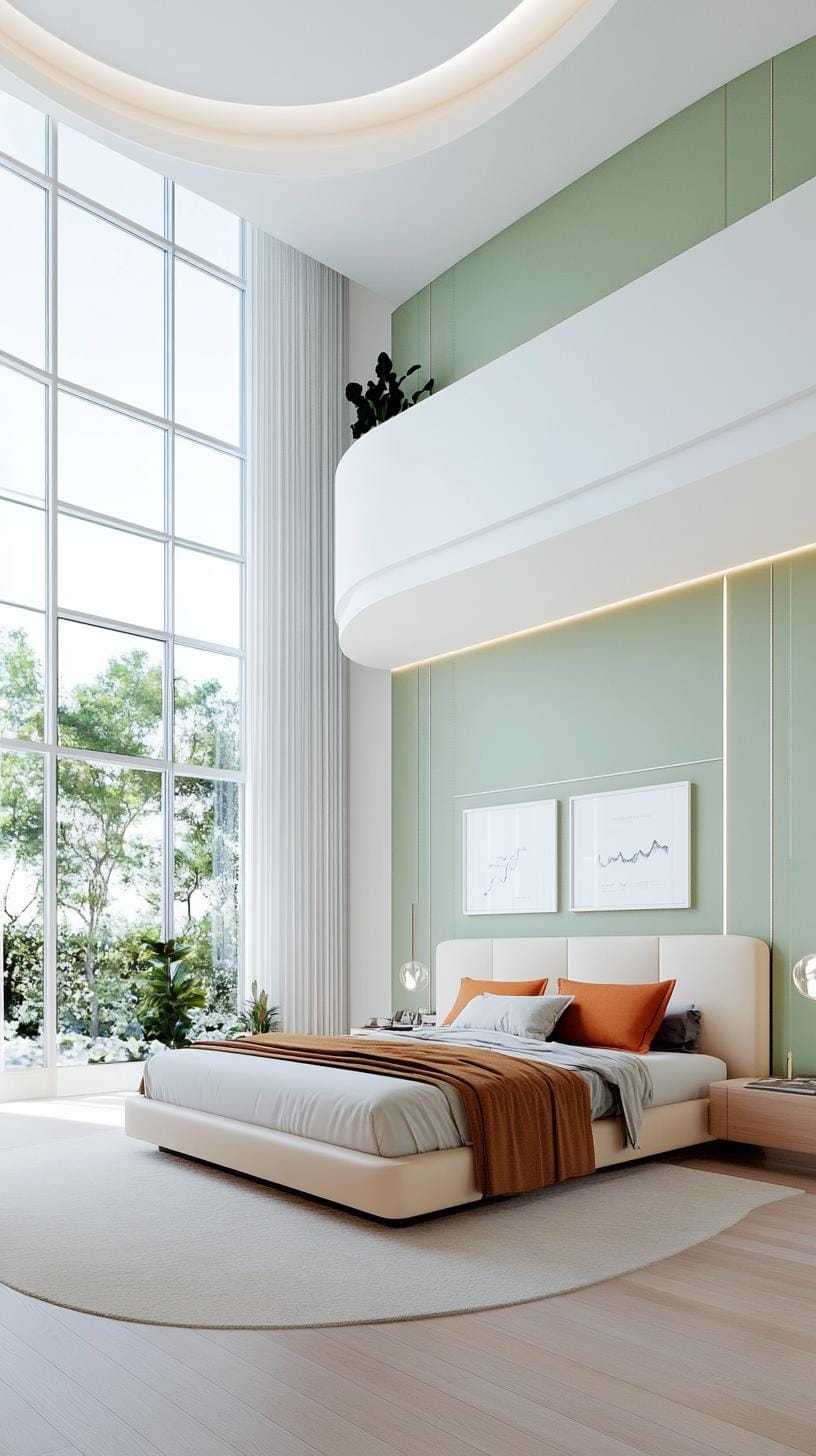 25 Trendy Sage Green Schlafzimmer Ideen für 2025 44 13. Futuristischer Loft mit weisen grünem Akzentwänden und schlankem, minimalistischem Design-2