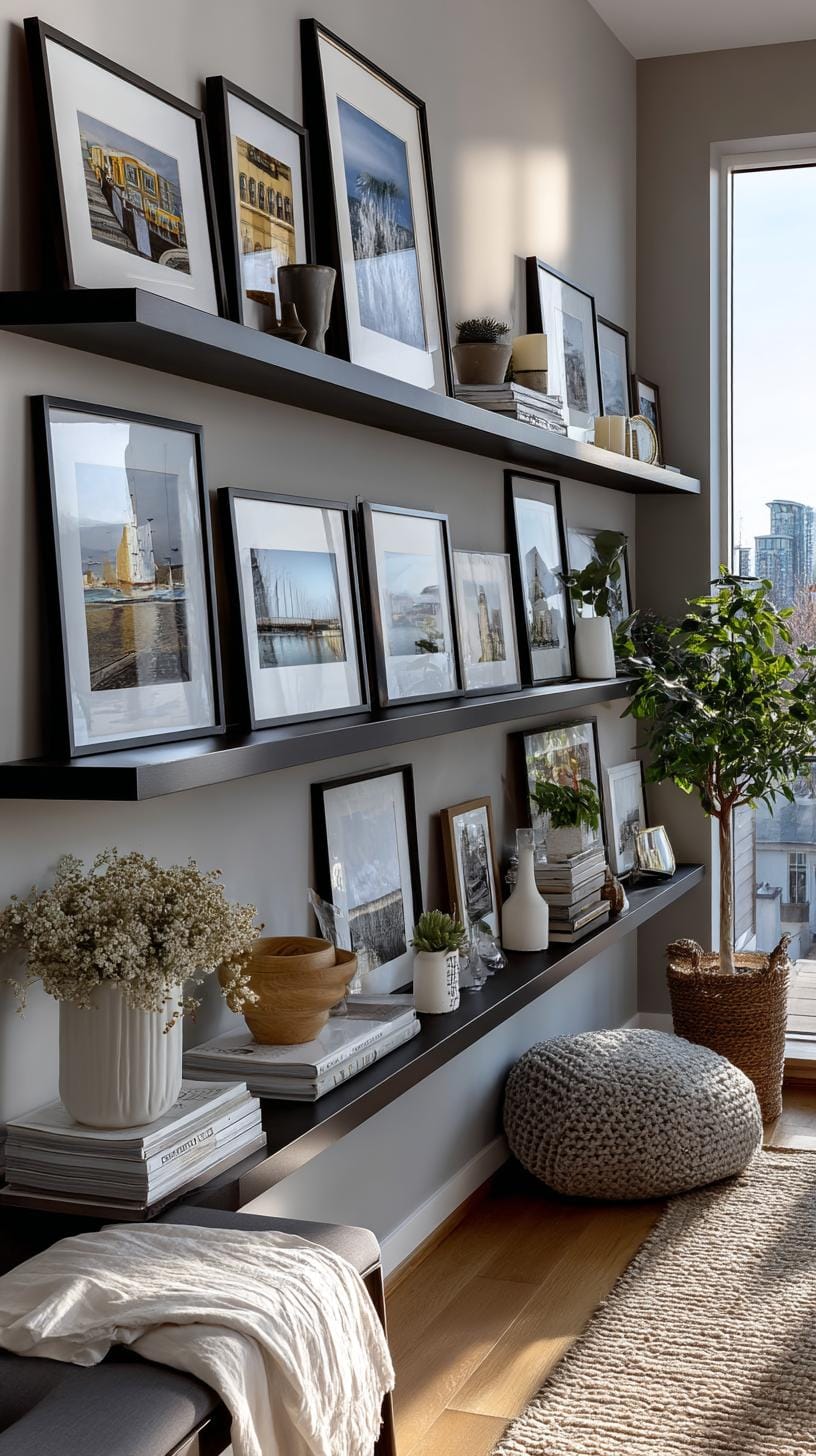 37 Gallery Wall Decor Ideas: Layouts And Styles to Elevate Any Room 21 7. Gallery ledge shelf style using leaning framed prints on floating shelves-0