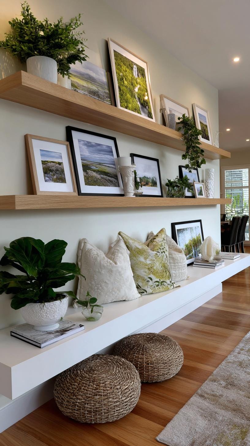 37 Gallery Wall Decor Ideas: Layouts And Styles to Elevate Any Room 22 7. Gallery ledge shelf style using leaning framed prints on floating shelves-1