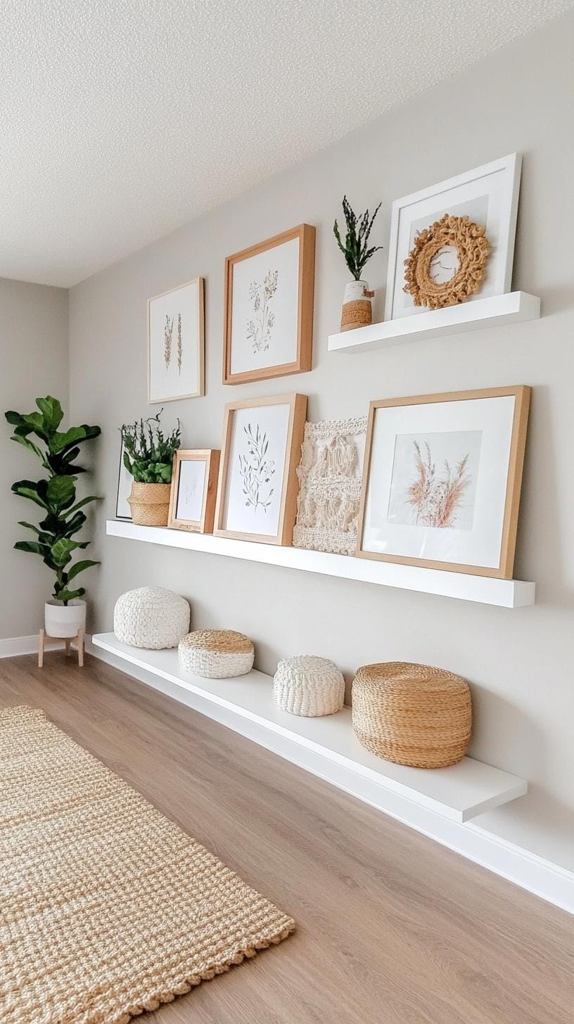 37 Gallery Wall Decor Ideas: Layouts And Styles to Elevate Any Room 23 7. Gallery ledge shelf style using leaning framed prints on floating shelves-2