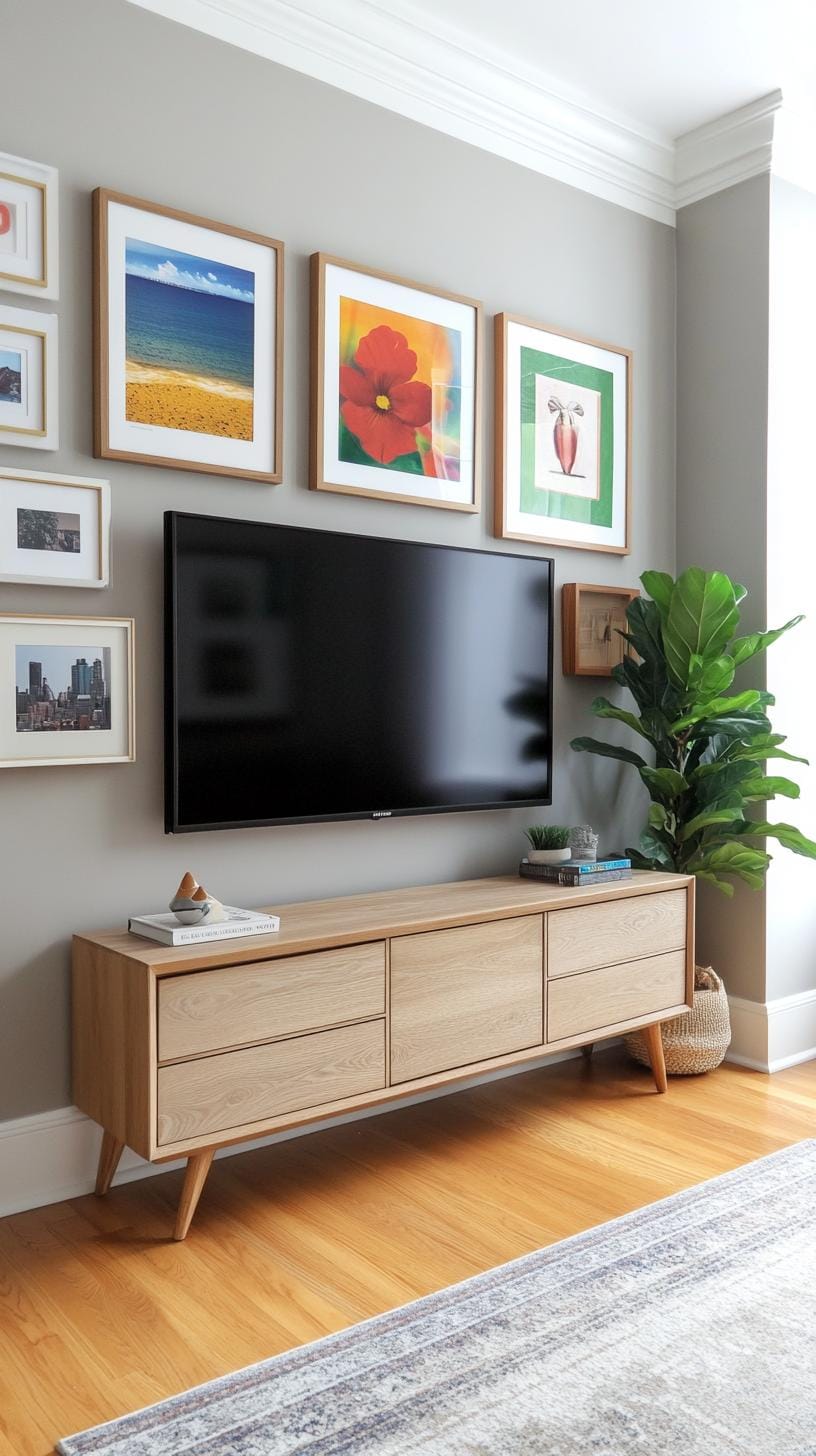 37 Gallery Wall Decor Ideas: Layouts And Styles to Elevate Any Room 48 16. Gallery wall around TV encircling a mounted television with art-0