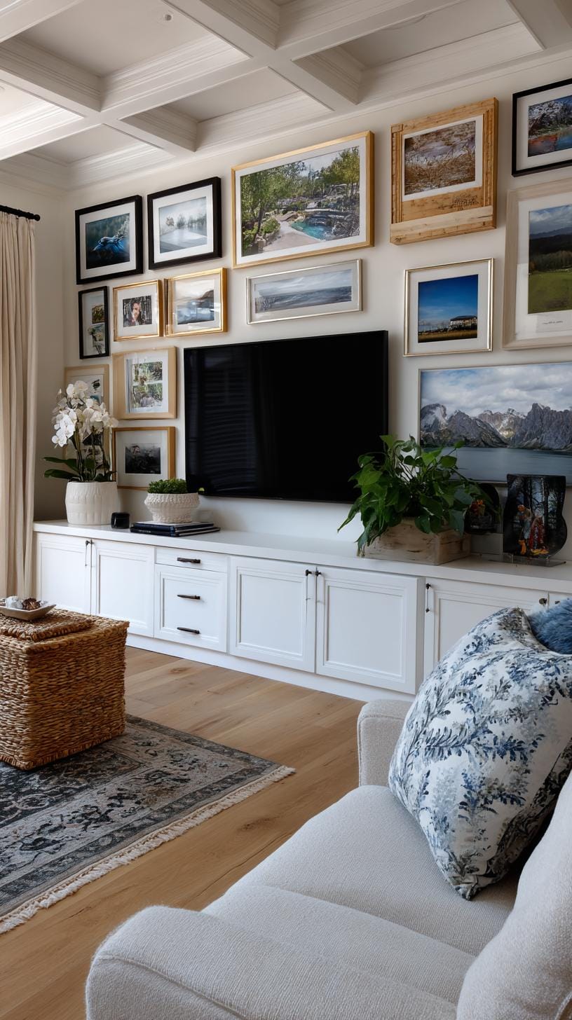 37 Gallery Wall Decor Ideas: Layouts And Styles to Elevate Any Room 49 16. Gallery wall around TV encircling a mounted television with art-1