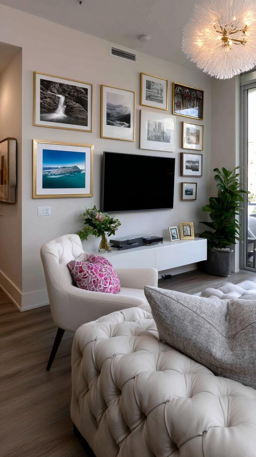 37 Gallery Wall Decor Ideas: Layouts And Styles to Elevate Any Room 50 16. Gallery wall around TV encircling a mounted television with art-2