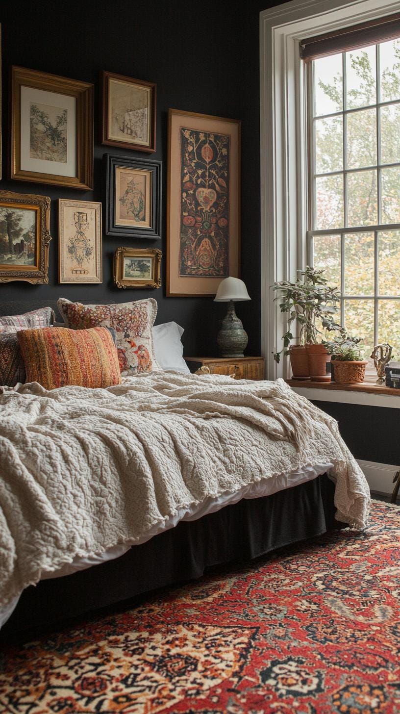 23 Recherent atmospheric Boho bedroom ideas for copying 27 9. Gallery wall with vintage frames and Boho Decor Pieces-0