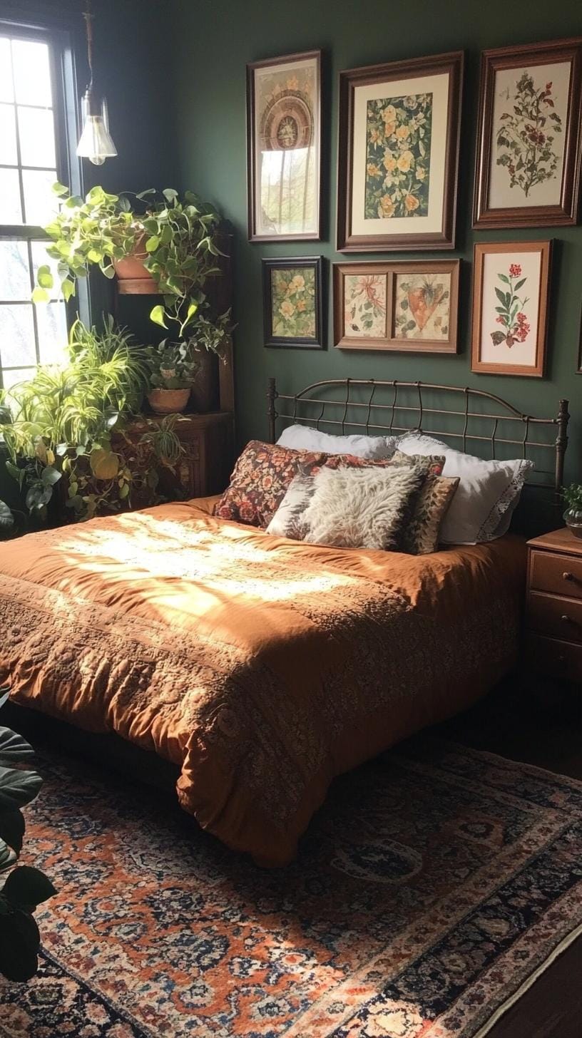 23 Recherent atmospheric Boho bedroom ideas for copying 28 9. Gallery wall with vintage frames and Boho Decor Pieces-1