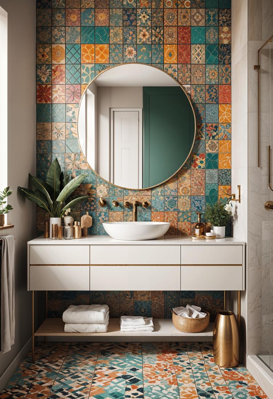 27 Dreamy Boho Bathroom Inspirations for Your Home Makeover 16 9. Geometric Boho Tile Backsplash Ideas-1