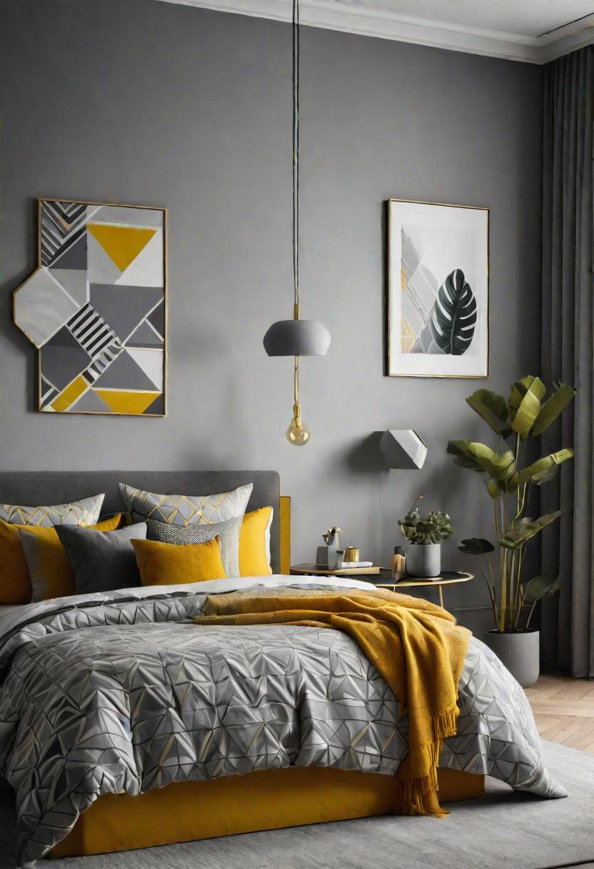 47 Stunning Grey Bedroom Ideas for An Elegant Bedroom Design 38 36. Geometric Grey & Yellow Bedroom-0