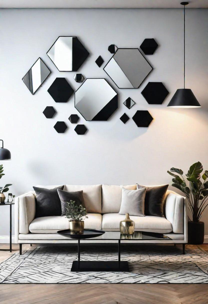 29 Kreativ über den Couch Decor -Ideen, um Ihr Wohnzimmer zu verändern 9 7. Geometrische Spiegelwand Art-0