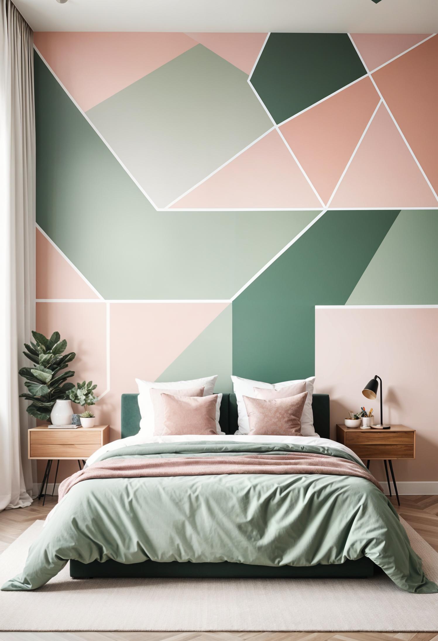 30 Chic Sage Green and Blush Bedroom Ideas 16 6. Geometric Mural for Bedroom Boldness-0