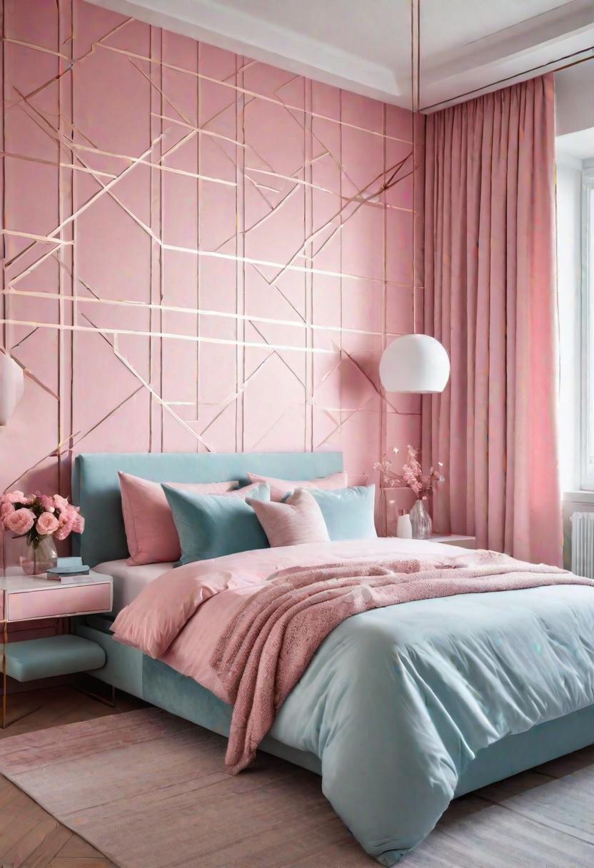 63 Luxurious Pink Bedrooms to Warm Up Your Space 66 63. Geometric Pink & Blue Prints-0