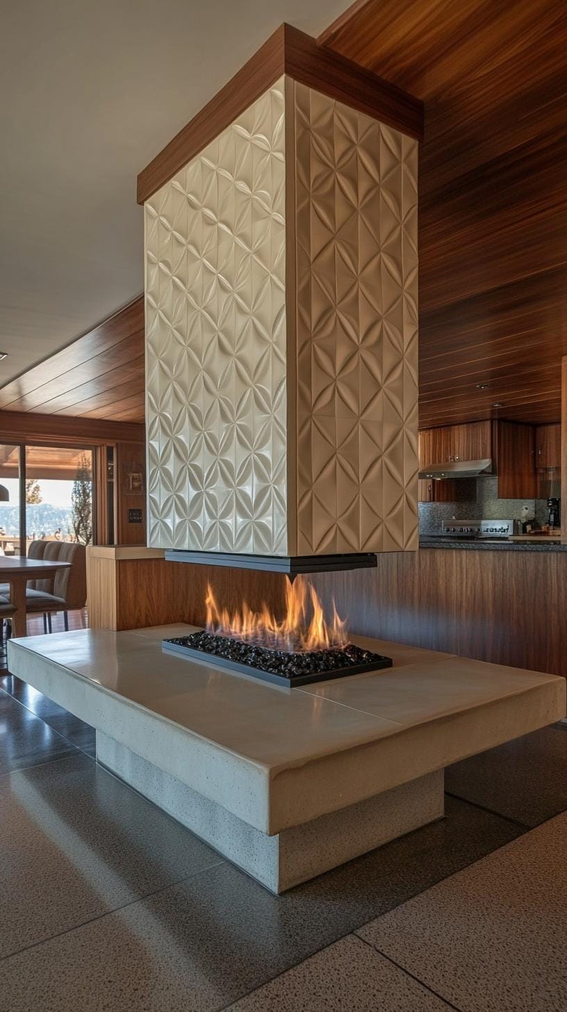 20 breathtaking mid-century modern fireplace-Makeover ideas 17 17 6. Geometric, tiled chimney wall with built-in banking seat