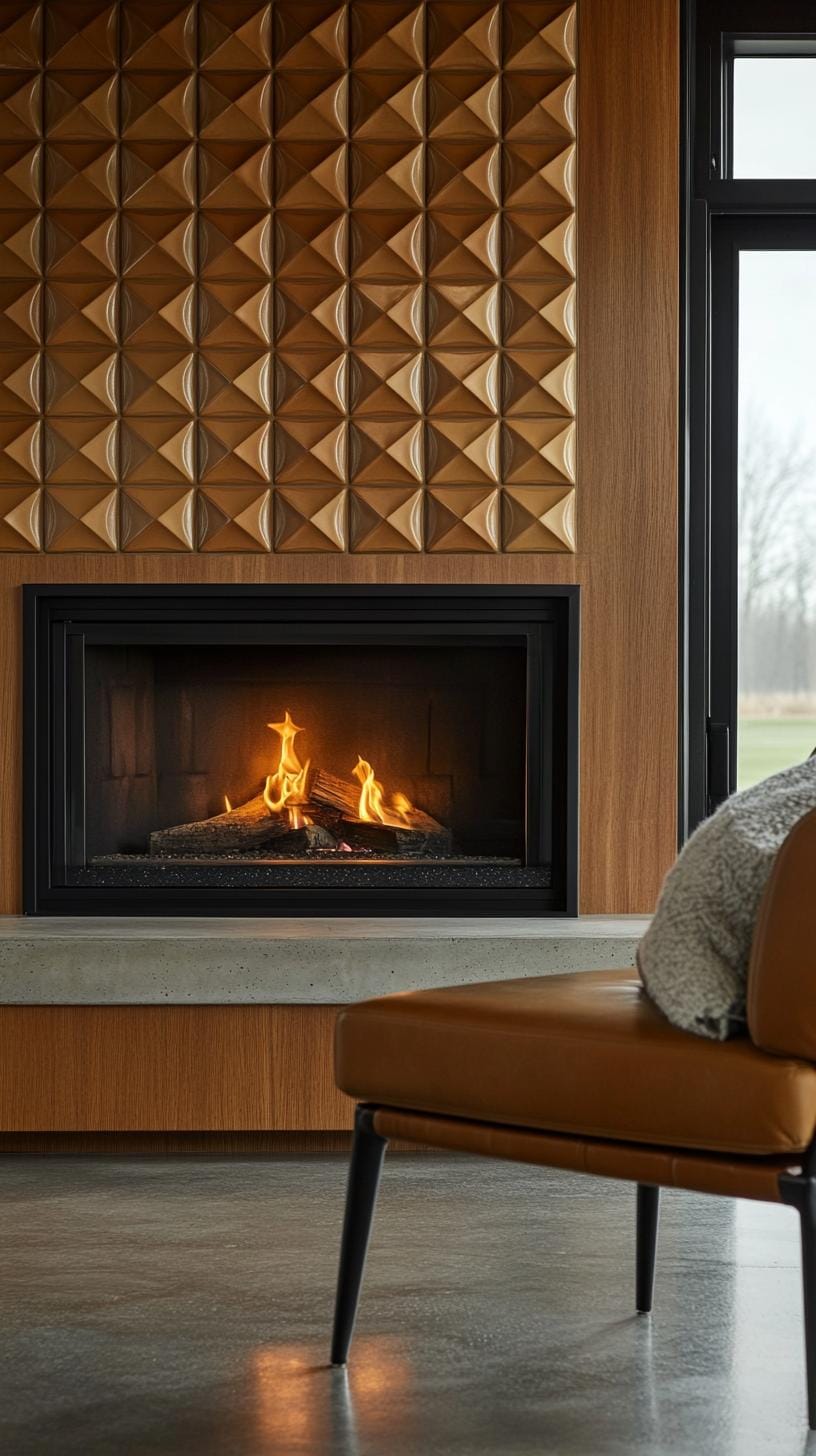 20 breathtaking middle of the century of modern fireplace-Makeover ideas 18 6. Geometric, tiled chimney wall with built-in banking seat