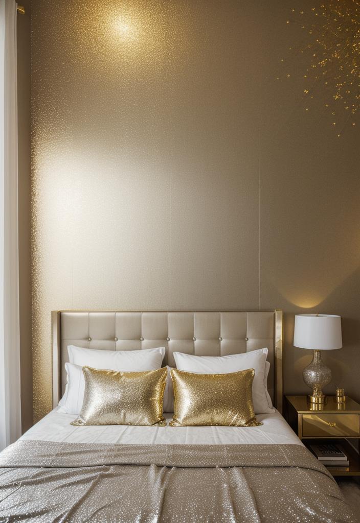35 Stunning Bedroom Accent Walls for a Cozy Makeover 17 8. Glamorous Metallic Accent Wall-1