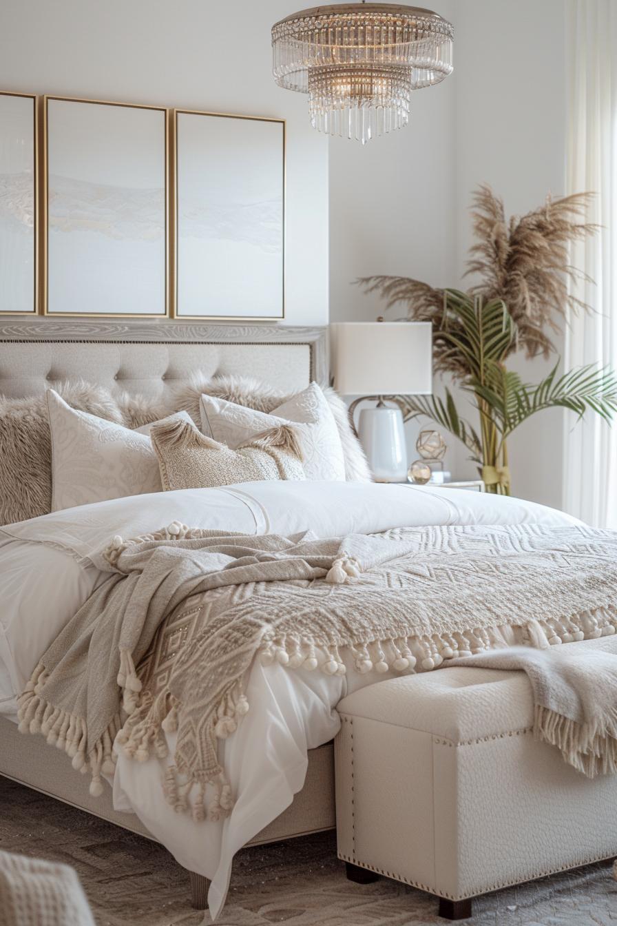 29 wunderschöne neutrale Boho -Schlafzimmer: verträumte und entspannende Räume 27 12. Glamouröser neutraler Boho-Schlafzimmer Retreat-1