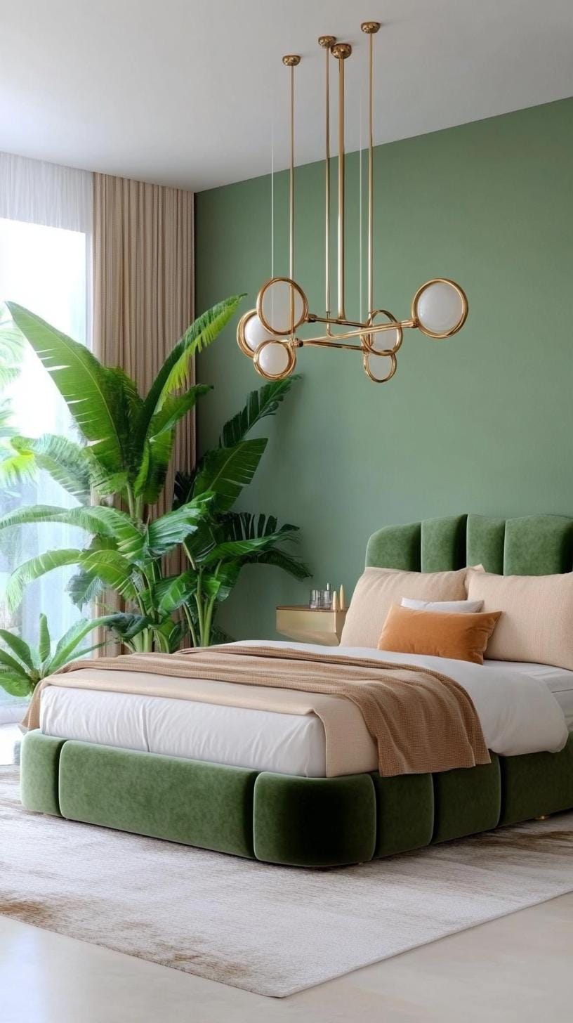 23 atemberaubende Ideen für olivgrüne Schlafzimmer, die Sie absolut lieben werden 24 7. Glamouröses Olivengrün und Samt mit Messing-Armaturen-0