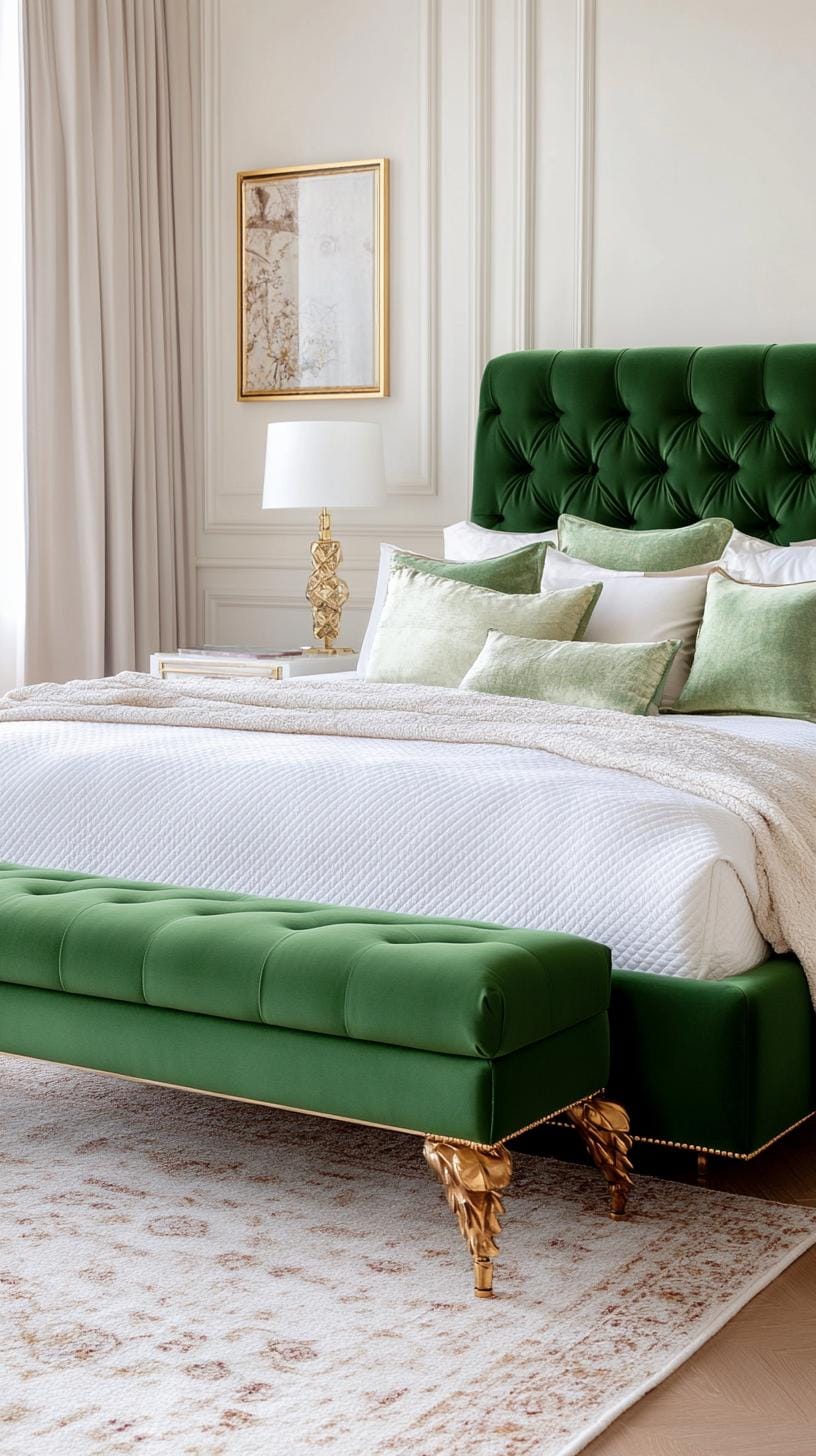 23 atemberaubende Ideen für olivgrüne Schlafzimmer, die Sie absolut lieben werden 25 7. Glamouröses Olivengrün und Samt mit Messing-Armaturen-1