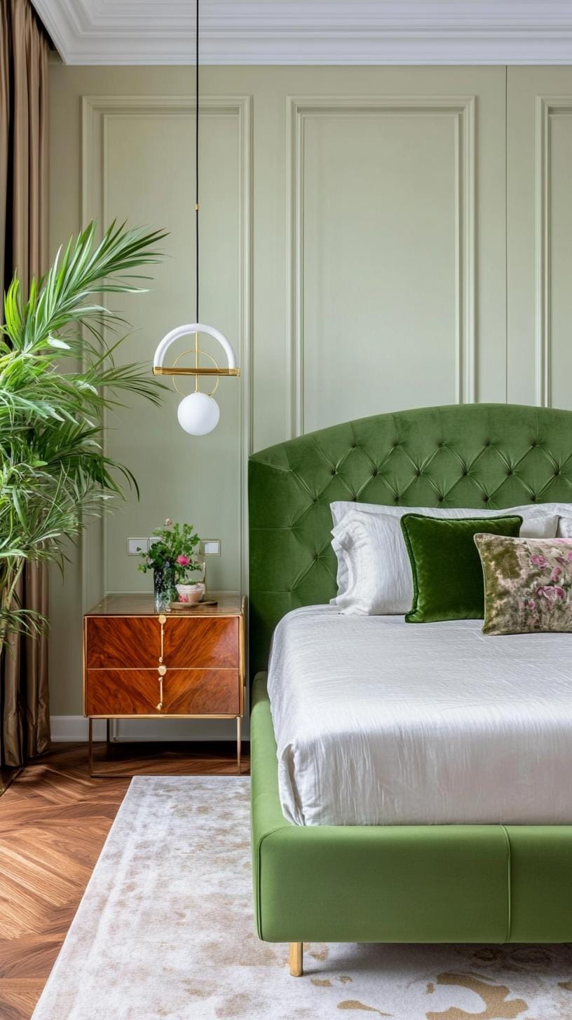 23 atemberaubende Ideen für olivgrüne Schlafzimmer, die Sie absolut lieben werden 26 7. Glamouröses Olivengrün und Samt mit Messingarmaturen-2