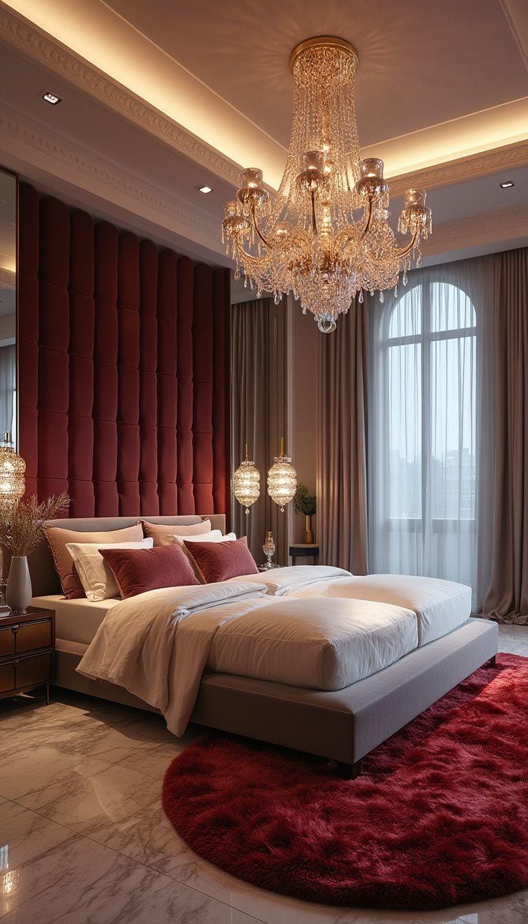 21 modern bedroom ideas for your 2025 makeover 49 15. Glamorous modern with crystal lights, plush carpets and rich jewel tones-0