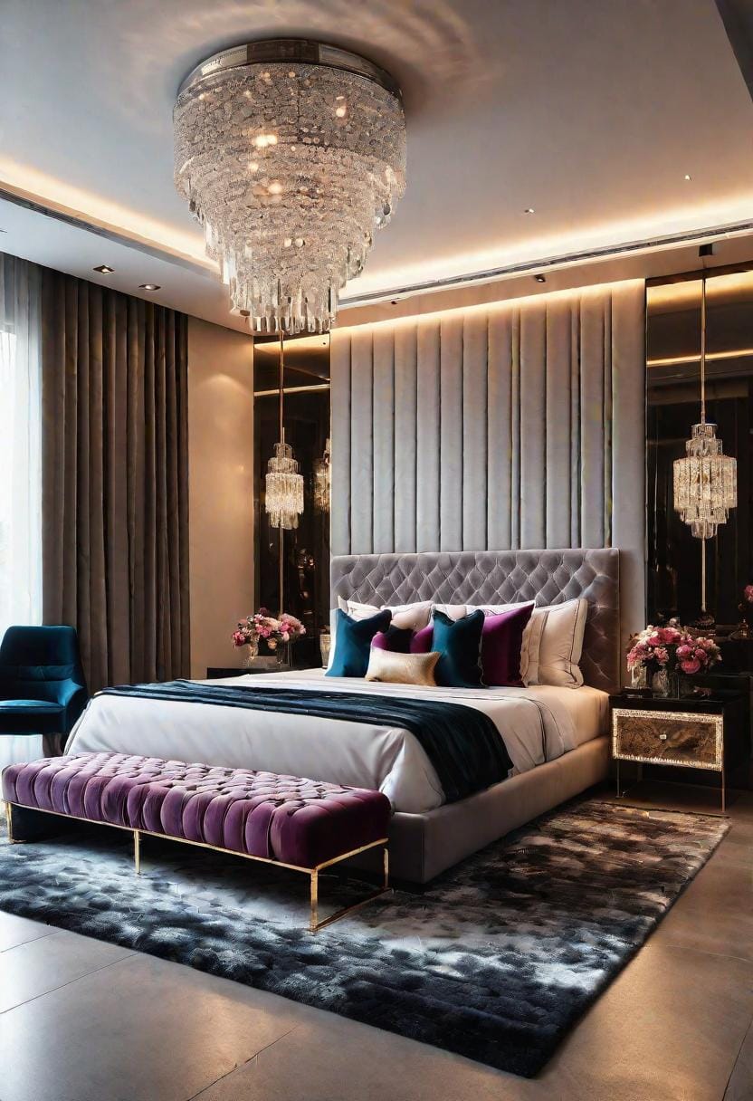 21 modern bedroom ideas for your 2025 makeover 50 15. Glamourorous modern with crystal lights, plush carpets and rich jewel tones-1