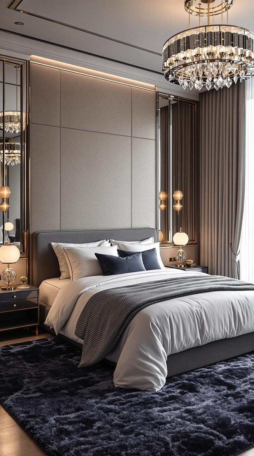 21 modern bedroom ideas for your 2025 makeover 51 15. Glamourorous modern with crystal lights, plush carpets and rich jewel tones-2