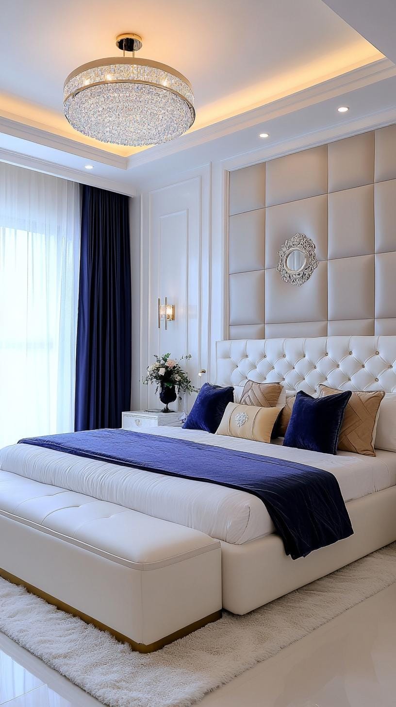 21 modern bedroom ideas for your 2025 makeover 52 15. Glamourorous modern with crystal lights, plush carpets and rich jewel tones 3