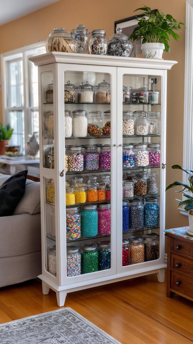 25 Bastelraum -Ideen mit genialen Organisation und Dekor -Tipps 55 20. Glastürschrank mit Gläsern bunter Knöpfe-1