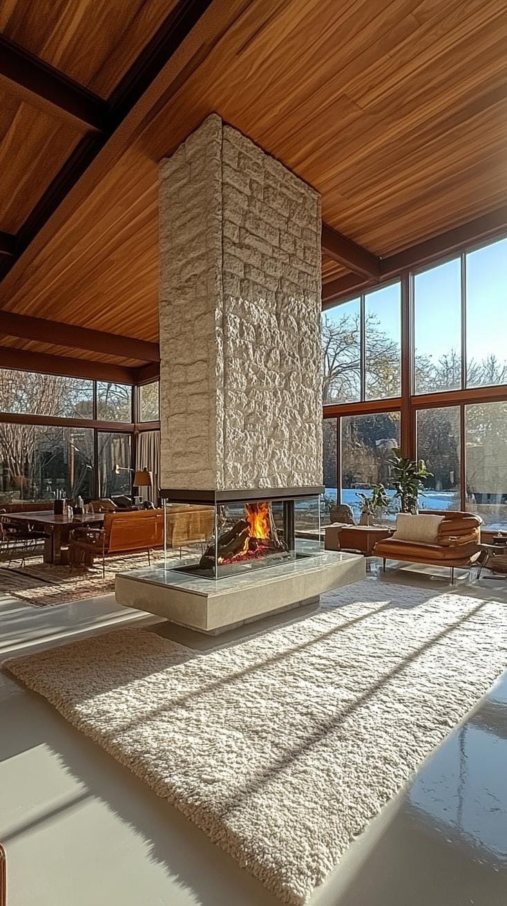 20 breathtaking mid-century modern fireplace-Makeover ideas 20 20 20 7. Two-sided fireplace linked with a glass with a stone accent wall-0