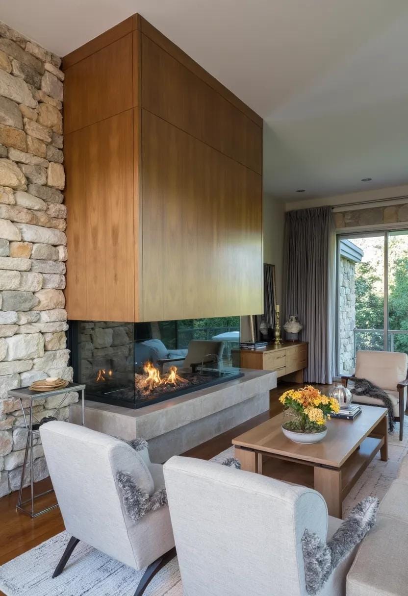 20 breathtaking mid-century modern fireplace-Makeover ideas 21 7. With a glass of two-sided fireplace with stone accent wall-1