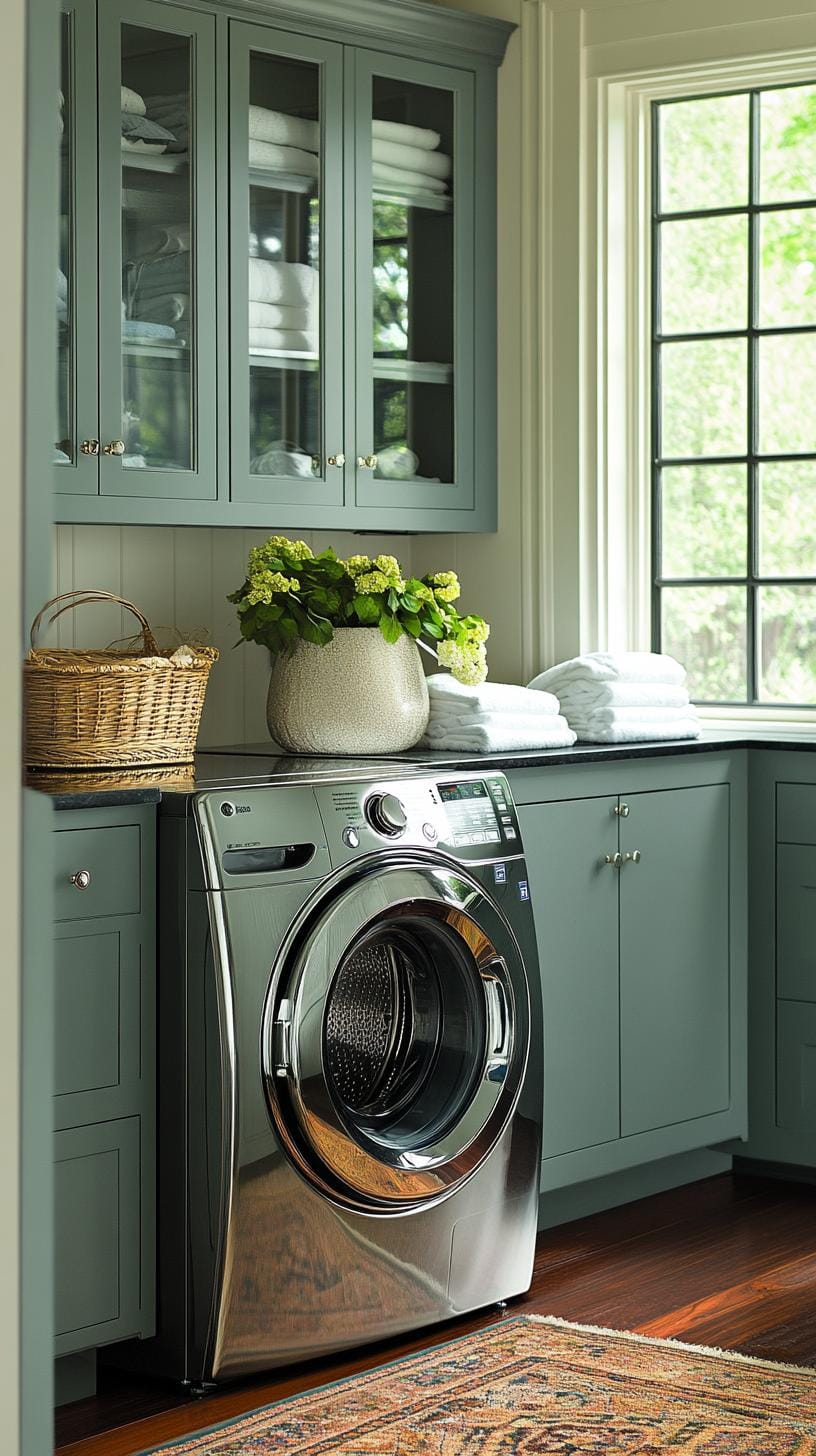 20 Genius Tiny laundry room ideas: organization & stacked design 34 13. Upper cupboards of the glass front above chrome front-loading machine-0