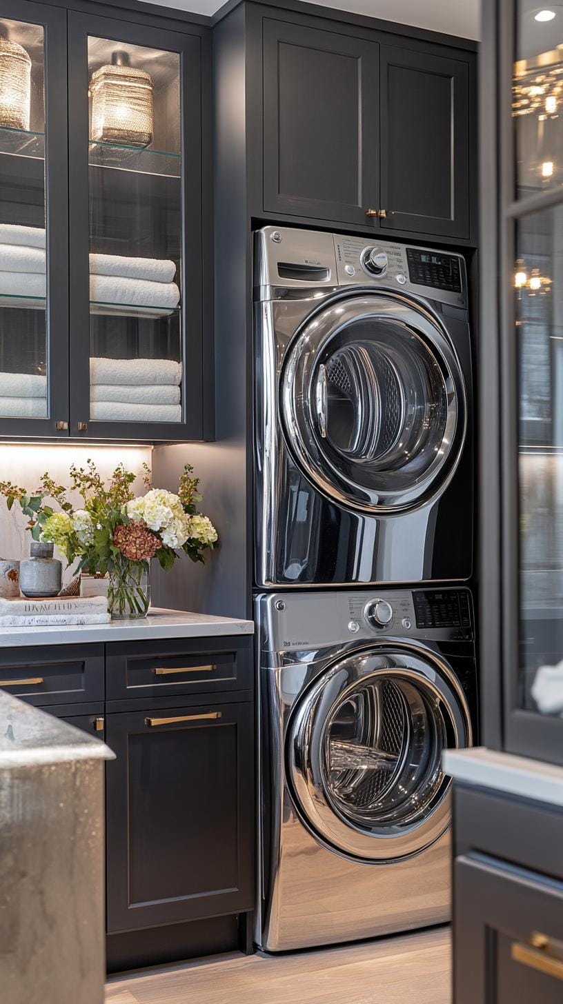 20 Genius Tiny laundry kitchen ideas: organization & stacked design 35 13. Upper cupboards of the glass front above chrome front-loading machine-1