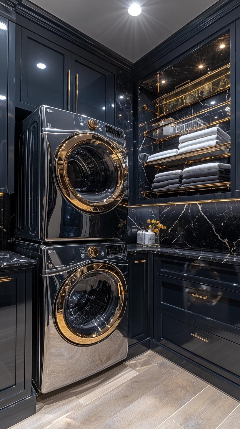 20 Genius Tiny laundry kitchen ideas: organization & stacked design 36 13. Upper cupboards of the glass front above chrome front-loading machine-2