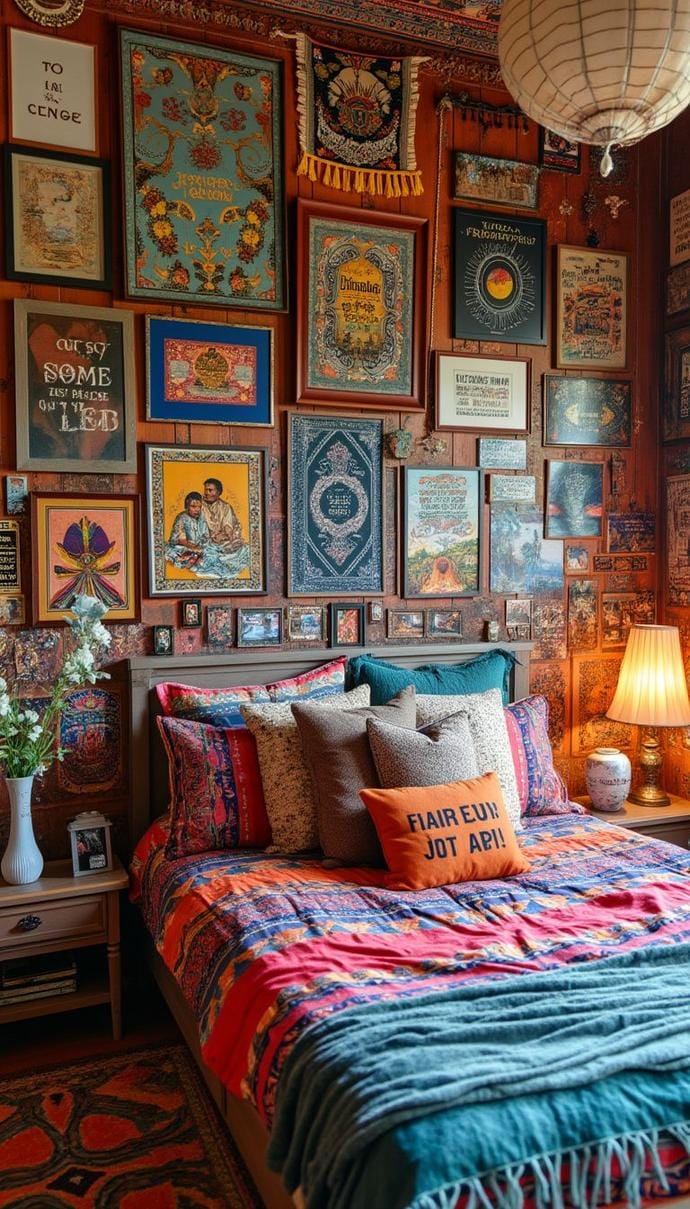 20 beautiful Boho bedroom for teenagers: ideas for 2025 18 6. Global art gallery: Design a wall with a versatile mixture of global inspired art, tapestries and quotations in wooden frame-0