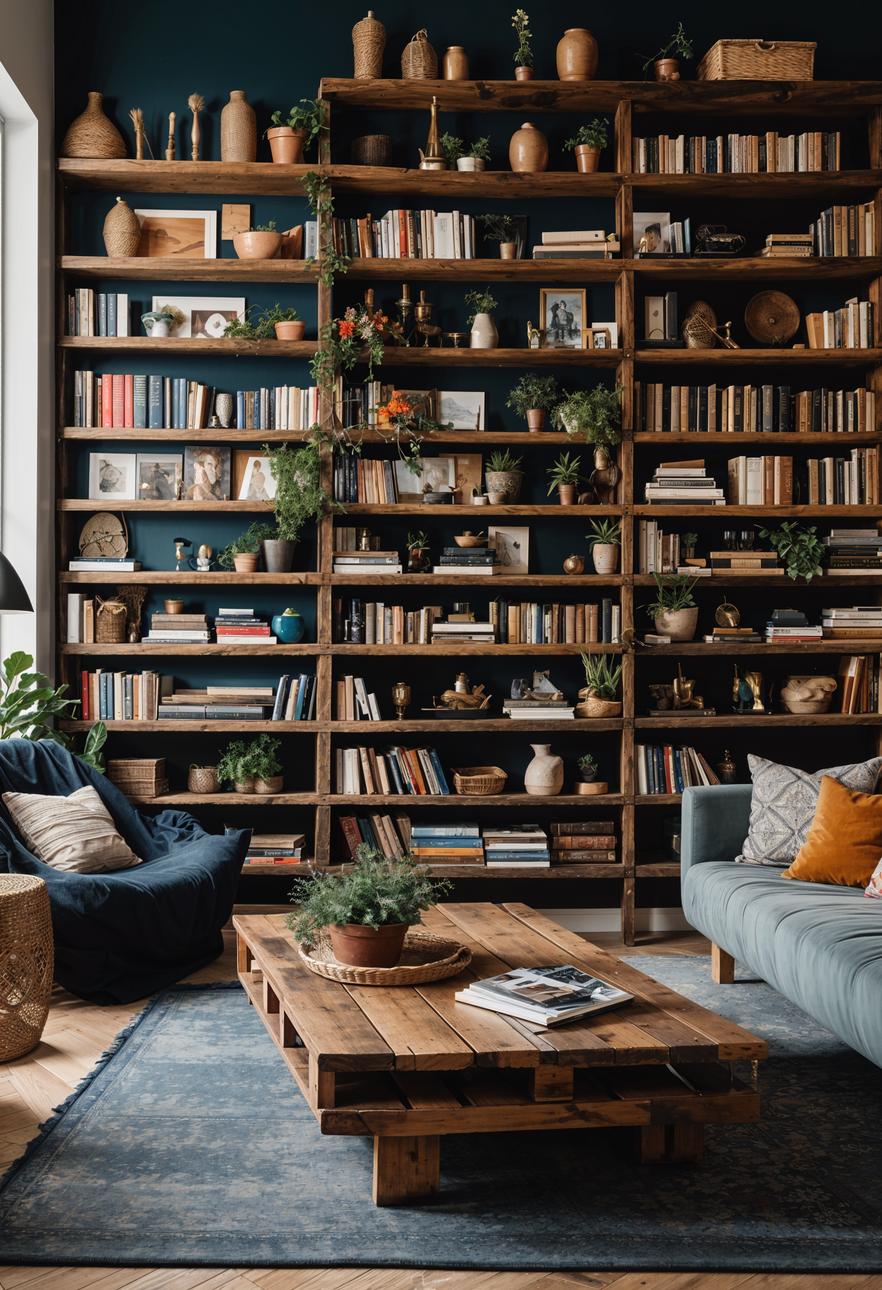 45 Chic & Modern Boho Living Room Ideas To Copy 68 31. Global Bookshelf Display-0