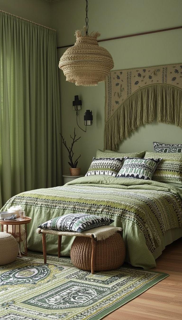 25 einzigartige Salbei grüne Boho Schlafzimmer Ideen für 2025 9 3. Globale Muster: Integrieren Sie SAGE-tönte Stammesdrucke in Kissen, Teppiche und Vorhänge gegen einen gedämpften Hintergrund-0