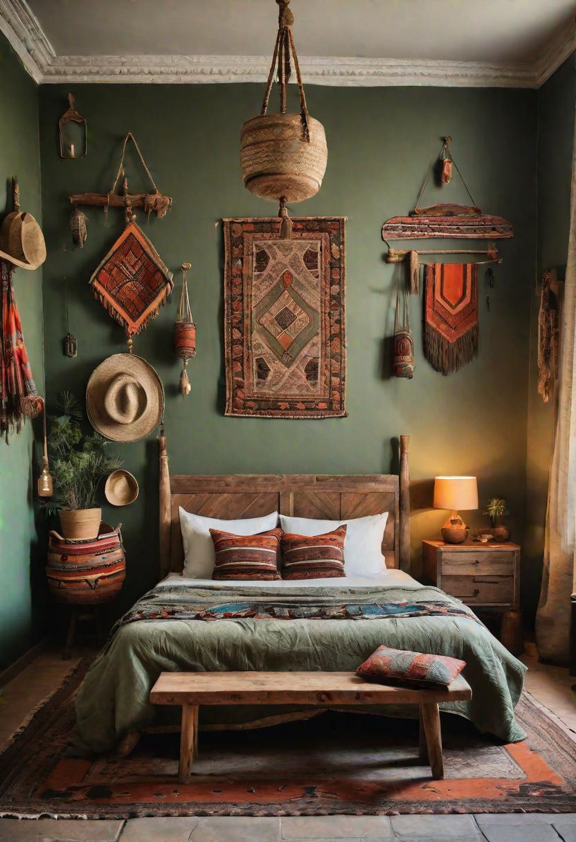 39 Sage Green Farmhouse Bedroom Ideas: Trendy Rustic Chic 23 13. Global Textile and Artifacts Fusion-0
