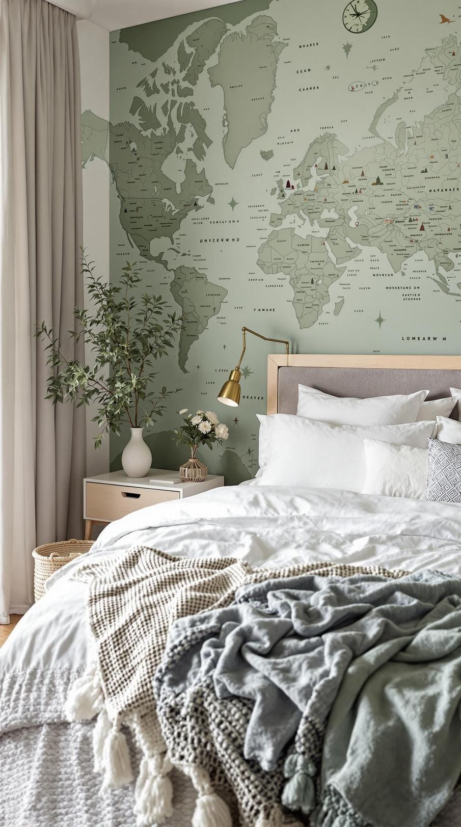 25 einzigartige Salbei grüne Boho Schlafzimmer Ideen für 2025 53 17. Global Trek: Verwenden Sie Bohemian World Map Wallpaper mit Salbei-Farben, um Fernweh-0 zu inspirieren