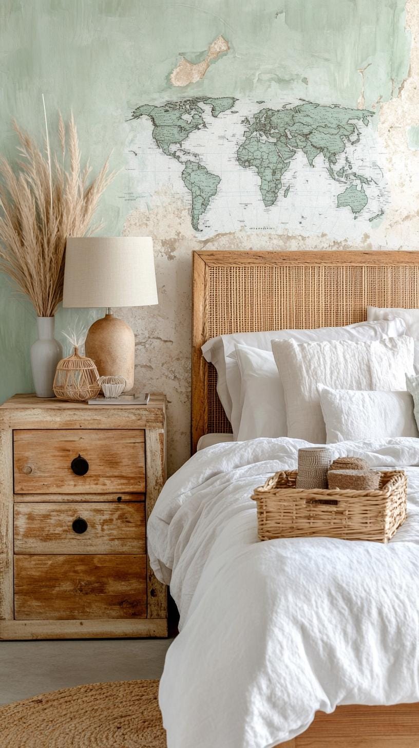 25 einzigartige Salbei grüne Boho Schlafzimmer Ideen für 2025 54 17. Global Trek: Verwenden Sie Bohemian World Map Wallpaper mit Salbei-Farben, um Wanderlust-1 zu inspirieren.
