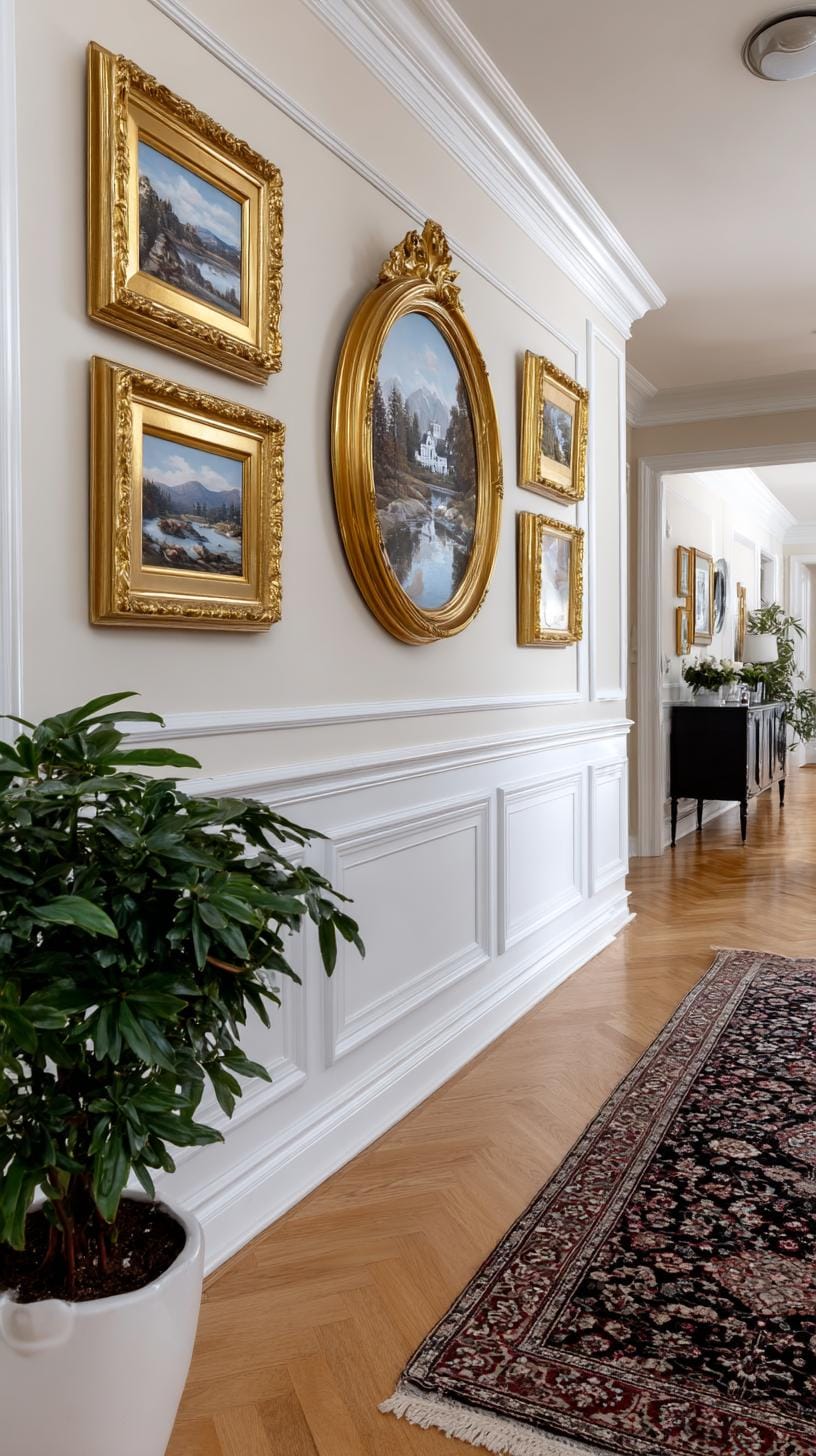 37 Gallery Wall Decor Ideas: Layouts And Styles to Elevate Any Room 94 31. Gold gilded classic layout with ornate frames and symmetrical spacing-1