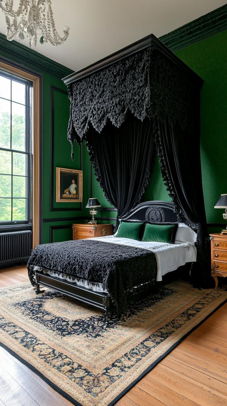 20 elegant black and green bedroom ideas that you have to see 15 5. Gothic Glamor: Think of black top curtains against bottle-green, painted walls and antique furniture-0
