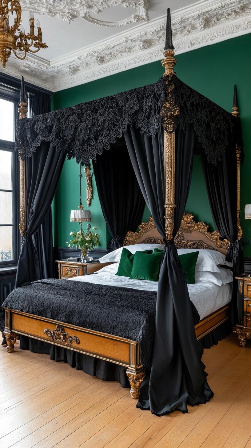 20 elegant black and green bedroom ideas that you have to see 16 5. Gothic Glamor: Think of black top curtains for green-painted walls and antique furniture-1