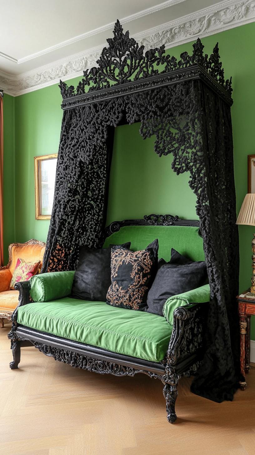 20 elegant black and green bedroom ideas that you have to see 17 5. Gothic Glamor: Think of black top curtains against bottle-green, painted walls and antique furniture-2