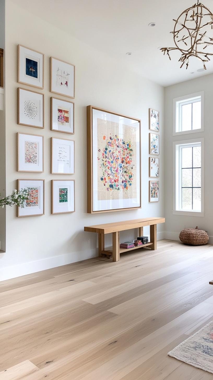 37 Gallery Wall Decor Ideas: Layouts And Styles to Elevate Any Room 51 17. Grid with statement centerpiece using uniform frames and one large anchor piece-0