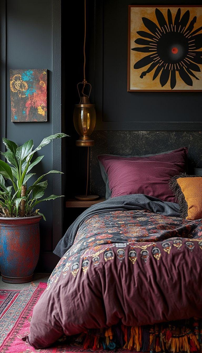 21 colorful boho bedroom ideas for a bizarre hippie mood 21 7. Grunge glamor: contrast dark, atmospheric colors such as noir and chestnut brown with pops metallic gold-1