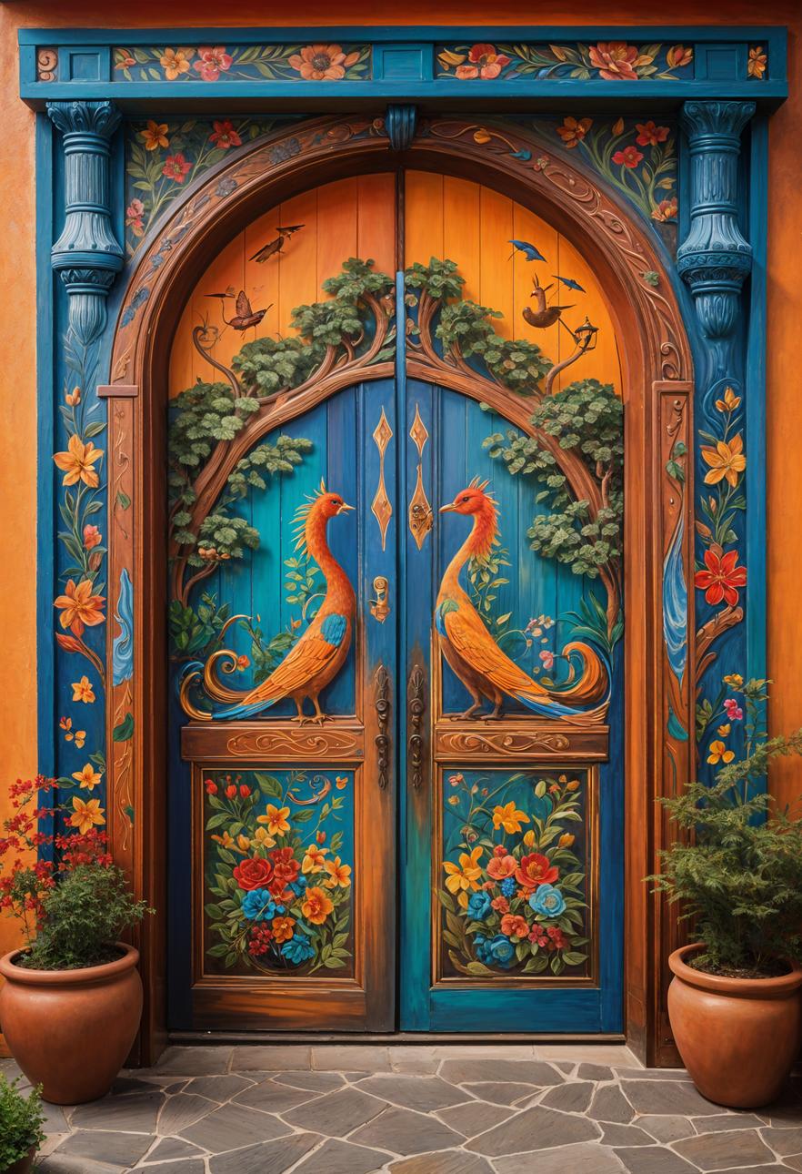 29 Stunning Wooden Door Designs for Main Entrances 22 10. Hand-Painted Whimsical Wooden Doors-2