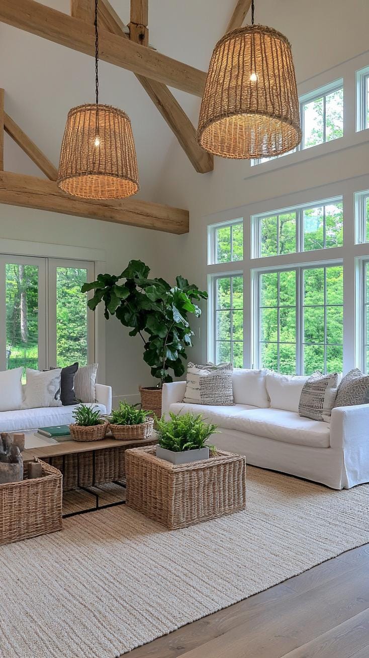 23 Best modern farmhouse living room ideas to inspire you 52 17. Hanging woven baskets and planters for an organic feel-0