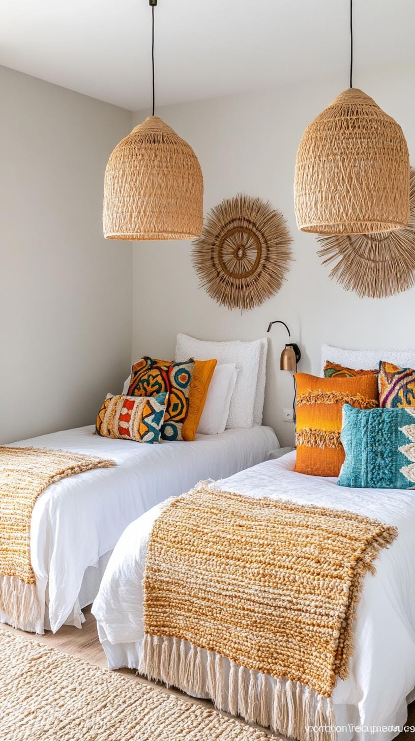 23 Modern Boho bedroom ideas that you will love immediately 7 2 .. Hanging woven trailer lights over Betten-0