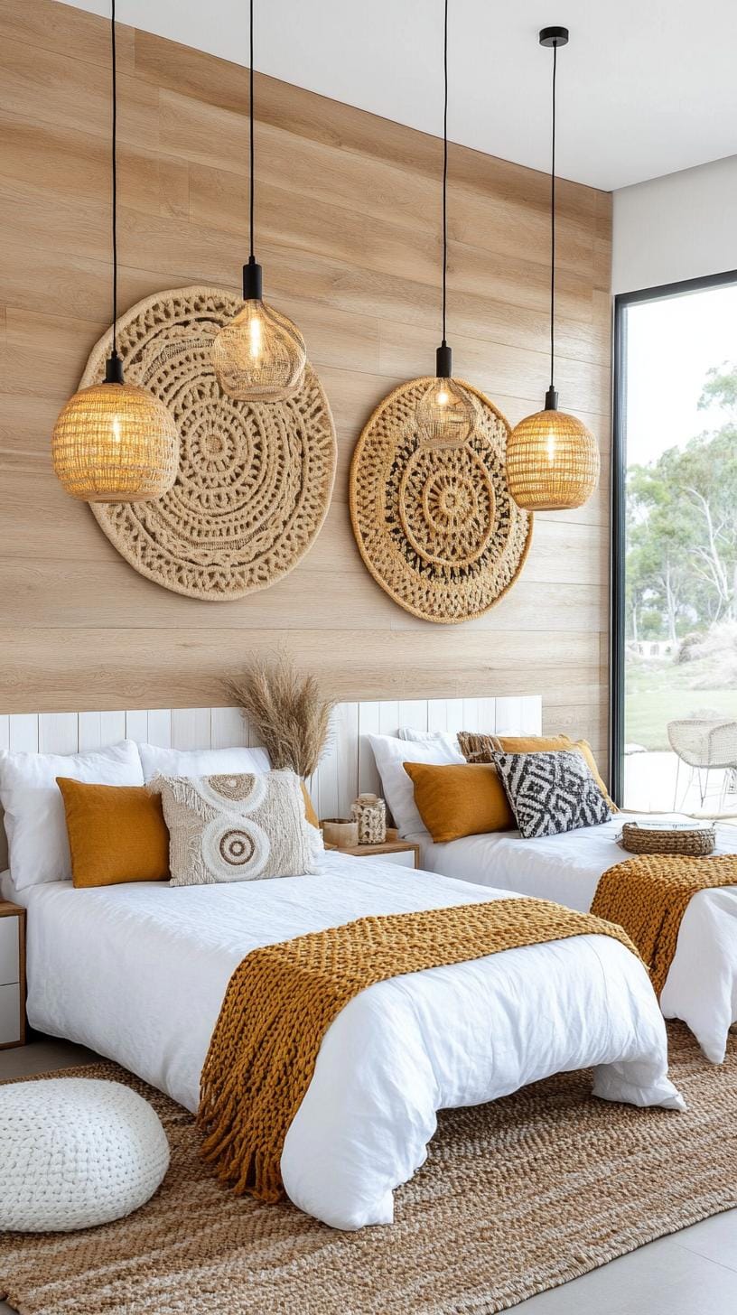 23 Modern Boho bedroom ideas that you will love immediately 9 2. Hanging woven trailer lights over Betten-2