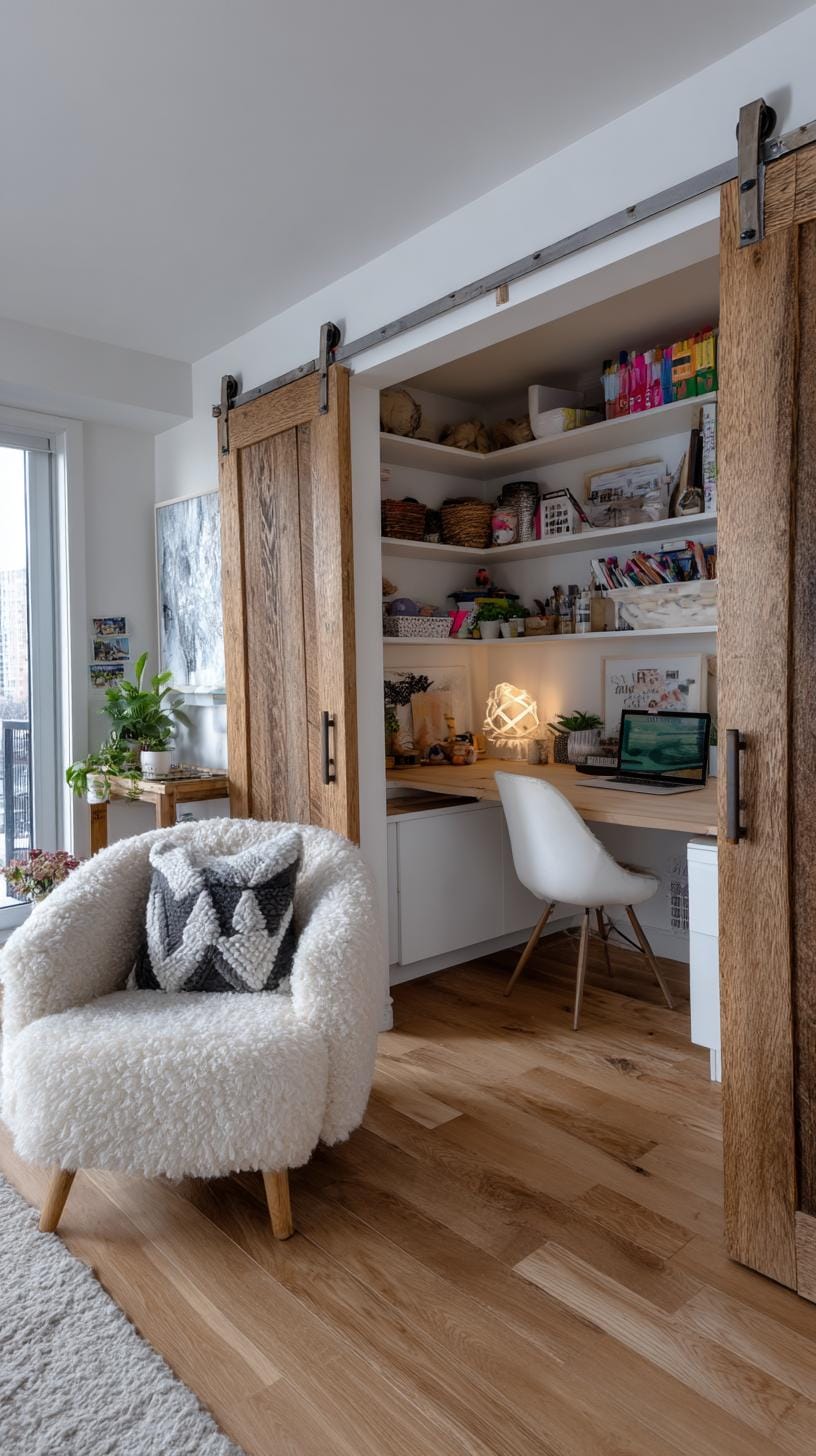 31 Home Office Ideas to Upgrade Your Work From Home Setup 27 9. Hidden closet office with sliding barn doors-0