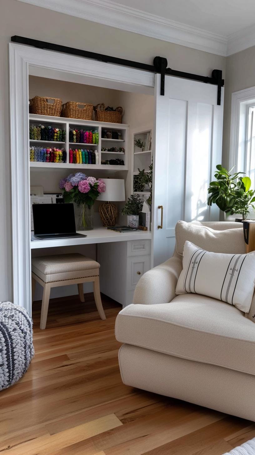 31 Home Office Ideas to Upgrade Your Work From Home Setup 29 9. Hidden closet office with sliding barn doors-2